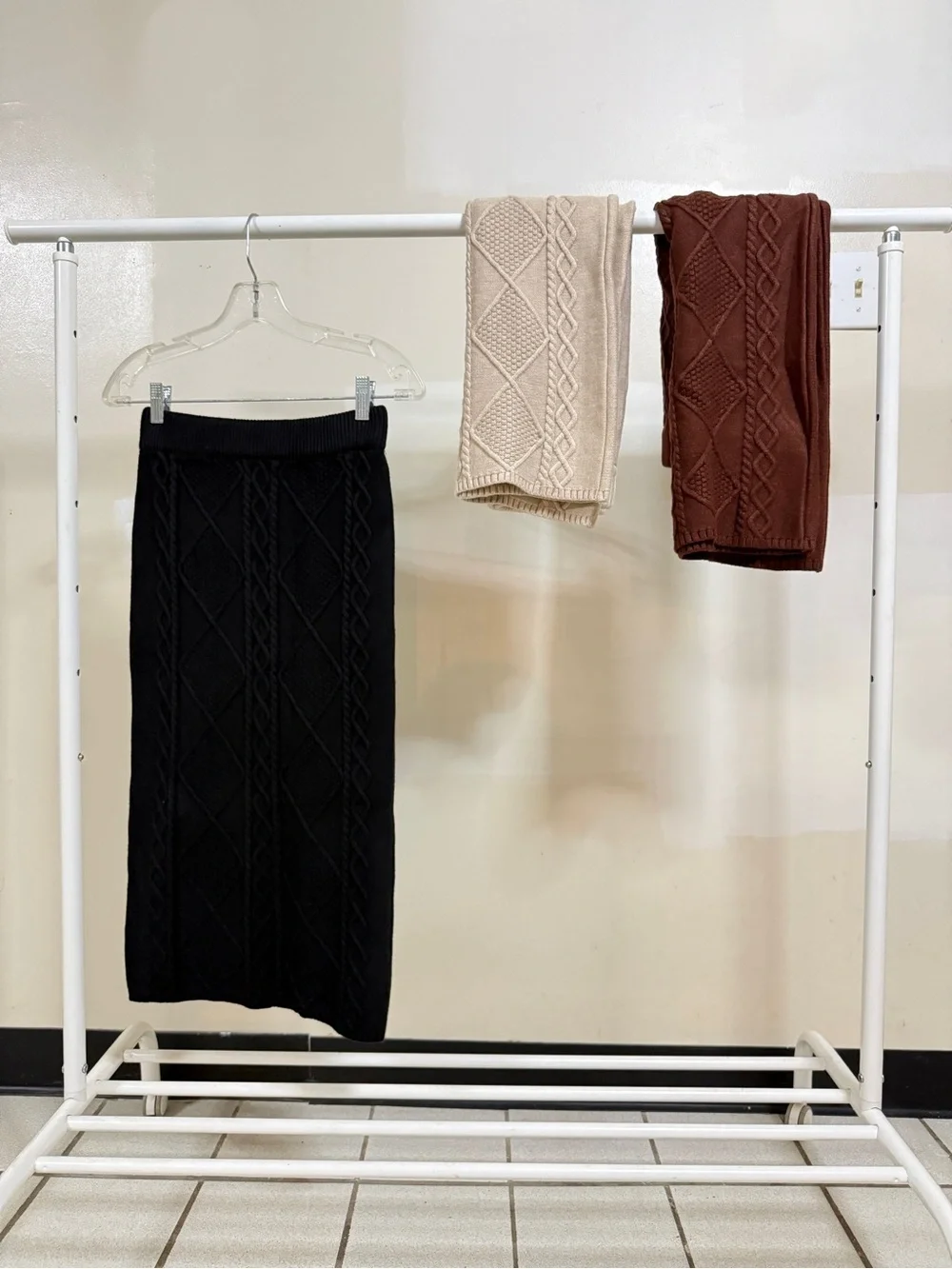 NEW Black Cable Stretchy Knit Bodycon Midi Sweater Skirt